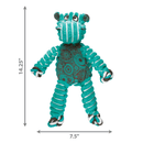 Teal and white stripy fabric Hippo Dog Toy with teal and grey patterned fabric ears and belly, measurements to the left 14.25" and underneath 7.5" pictured on a white background.
