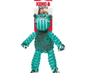 Teal and white stripy fabric Hippo Dog Toy with teal and grey patterned fabric ears and belly attached to a cardboard backing, pictured on a white background. 