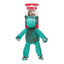 Teal and white stripy fabric Hippo Dog Toy with teal and grey patterned fabric ears and belly attached to a cardboard backing, pictured on a white background. 
