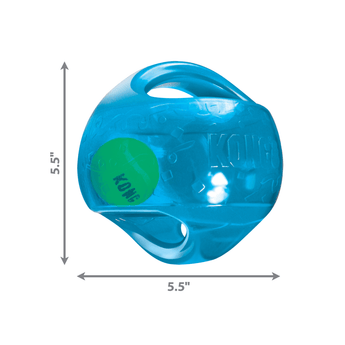 White background with a blue Medium/Large KONG Jumbler with measurement below showing ball is 5.5" x 5.5". 
