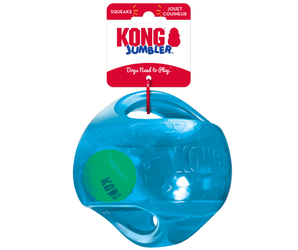 White background with a blue KONG Jumbler ball attached to a cardboard tag.