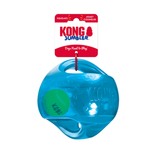 White background with a blue KONG Jumbler ball attached to a cardboard tag.