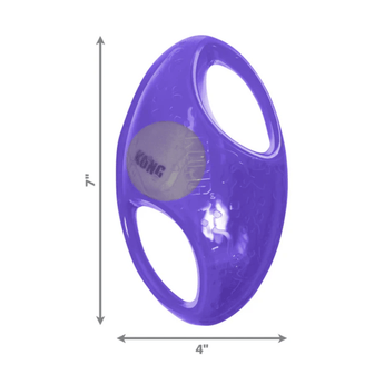 White background with a purple Medium/Large KONG Jumbler with measurement below showing ball is 7" x 4". 