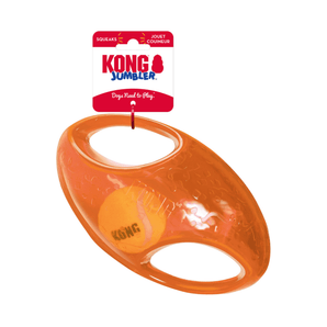 White background with an orange KONG Jumbler football attached to a cardboard tag.