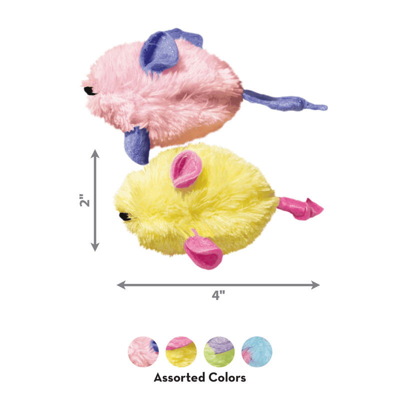 One fluffy yellow mouse cat toy with a black nose with pink ears, tail and feet and one fluffy pink mouse cat you with a black nose with purple ears, tail and feet. Pictured next to measurements of 2" to the left and 4" at the bottom. Beneath is four circles showing the different colours available, other colours available are green with purple and blue with pink. 