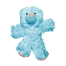 Fluffy blue teddy bear cat toy with stitched eye details and beige nose pictured on a white background.   