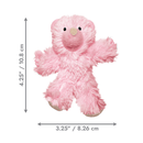 Fluffy pink teddy bear cat toy with stitched eye details and beige nose pictured on a white background with measurements 4.25" on the left, 3.25" underneath. 