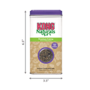 White background with a tin of KONG Naturals Premium Catnip with measurements underneath and left side, indicating width of 3.5" and height 6.5". 