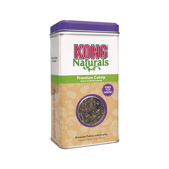 White background with a tin of KONG Naturals Premium Catnip. 