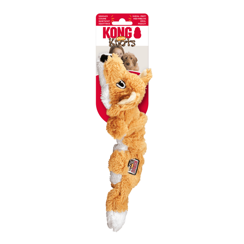 Plush orange fox with white underside rope dog toy attached to a backing card, on a white background. 