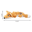 Large plush orange fox with white underside rope dog toy lying on a white background with measurements to the left 2.25" and underneath 15.25". 