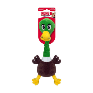 White background with a KONG Shakers Bobz Duck dog toy, with a long green neck and brown body, yellow beak and legs with stitched features attached to a cardboard backing.