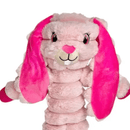 Close up of a pink soft fabric and rope rabbit KONG Dog Toy with a bight pink ears, nose and eyes, pictured on a white background. 