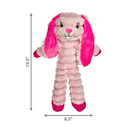 Pink soft fabric and rope Rabbit KONG Dog Toy with a bright pink eyes, ears and feet with measurements underneath and to the left, indicating height 19.5" and width 8.5". 