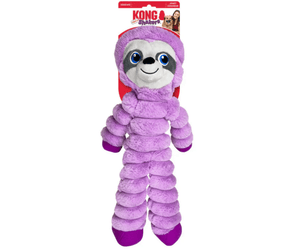 Pale purple soft fabric and rope sloth KONG Dog Toy with a blue eyes and purple feet attached to a cardboard backing, pictured on a white background. 