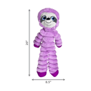 Pale purple soft fabric and rope Sloth KONG Dog Toy with a blue ears and purple feet attached to a cardboard backing with measurements underneath and to the left, indicating width of 8.5" and height of 20"