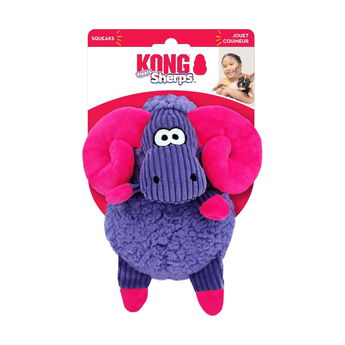 White background with a KONG Floofs Sherps Big Horn dog toy, the main body is made from purple sherpa with pink hooves and horns with stitched features attached to a cardboard backing.
