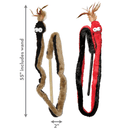 Two snake cat toys side by side, one red/black and one brown/black attached to separate rods, with feathers attached to mouth and cartoon style fabric eyes. Pictured with measurements 55" on the left and 2" underneath. Pictured on a white background.