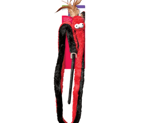 Long red and black faux fur snake cat toy attached to a rod, feathers attached to mouth and cartoon style fabric eyes. Snake is attached to red cardboard backing. Pictured on a white background. 