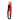 Long red and black faux fur snake cat toy attached to a rod, feathers attached to mouth and cartoon style fabric eyes. Snake is attached to red cardboard backing. Pictured on a white background. 