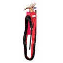 Long red and black faux fur snake cat toy attached to a rod, feathers attached to mouth and cartoon style fabric eyes. Snake is attached to red cardboard backing. Pictured on a white background. 