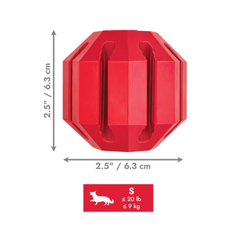 White background with a small KONG Stuff-A-Ball dog ball and measurements showing the ball is 6.3cm x 6.3cm