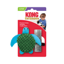Blue turtle cat toy with a green waffle fabric shell, stitched eye details. Packaged on a backing card with a boy and kitten on with text 'KONG Refillables' and bullet points 'Premium Catnip, Refillable and Cuddly Fabric' in white text on a red background. All pictured on a white background.