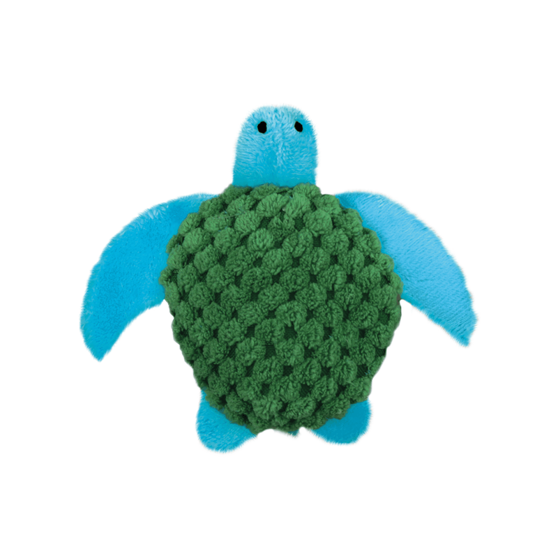 Blue turtle cat toy with a green waffle fabric shell, stitched eye details. Pictured on a white background.