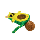 White background with green and yellow avocado shaped cat toy with a brown 'wool ball' centre. The Avocado has cat ears and cat features including whiskers, a tail and paws, while wearing sun glasses. 