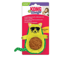 White background with green and yellow avocado shaped cat toy with a brown 'wool ball' centre. The Avocado has cat ears and cat features including whiskers, a tail and paws, while wearing sun glasses attached to cardboard backing. 