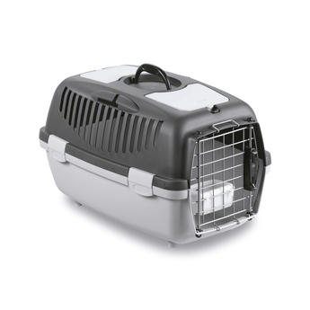 White background with a Krusse Stefanplast size 2 Travel Crate. The crate is light and dark grey plastic with a closed metal door.