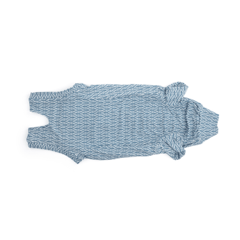 White background with one geometric blue bodysuits for cats pictured. 