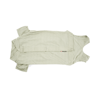 White background with a top view of a geometric green bodysuits for dogs pictured. 