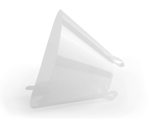 White background with an Elizabethan style transparent plastic recovery collar. 