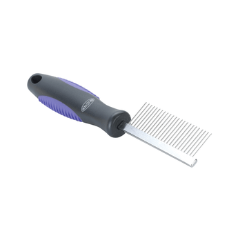 White background with a side view of a black BUSTER Coarse Comb with a focus on the metal teeth and a purple grips on the handle.