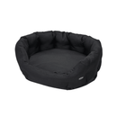 Oval bolster-type black dog bed pictured on a white background. 