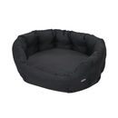 Oval bolster-type black dog bed pictured on a white background. 