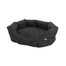 Oval bolster-type black dog bed pictured on a white background. 