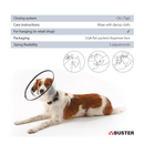 White background with a transparent plastic Elizabethan style recovery collar with a guide about how to care for the recovery collar. With a dog wearing a recovery collar below. 