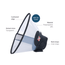 White background with a transparent plastic Elizabethan style recovery collar with a black base and details of features around it. 