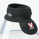 White background with a close up of a transparent plastic Elizabethan style recovery collar, with a black fabric collar base. 