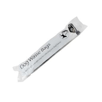 White background with a single roll of BUSTER Dog Waste Bags, on the packet text stays 'Extra strong and durable bags for collecting your dog's faeces'. 