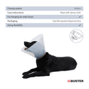 White background with a transparent plastic Elizabethan style recovery collar with a guide about how to care for the recovery collar. With a dog wearing a recovery collar below. 