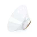 White background with an Elizabethan style transparent plastic recovery collar with a beige fabric trim at the base. 