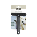 White background with a large black BUSTER Undercoat Rake Brush with fixed pins and purple grips on the handle attached to a cardboard backing. 