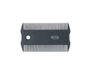 White background with a black flea comb pictured, with white text on the comb 'BUSTER'. 