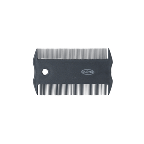 White background with a black flea comb pictured, with white text on the comb 'BUSTER'. 