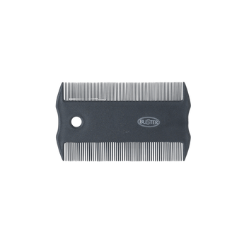 White background with a black flea comb pictured, with white text on the comb 'BUSTER'. 
