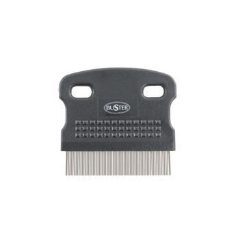 White background with a black flea comb with metal teeth pictured, with white text on the comb 'BUSTER'. 