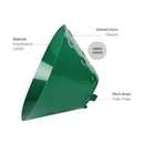 White background with a green plastic Elizabethan style recovery collar with details of features around it. 
